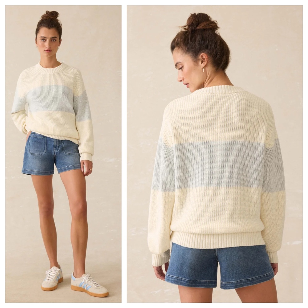 Faherty Striped Crewneck Sweater in Cream and Light Blue